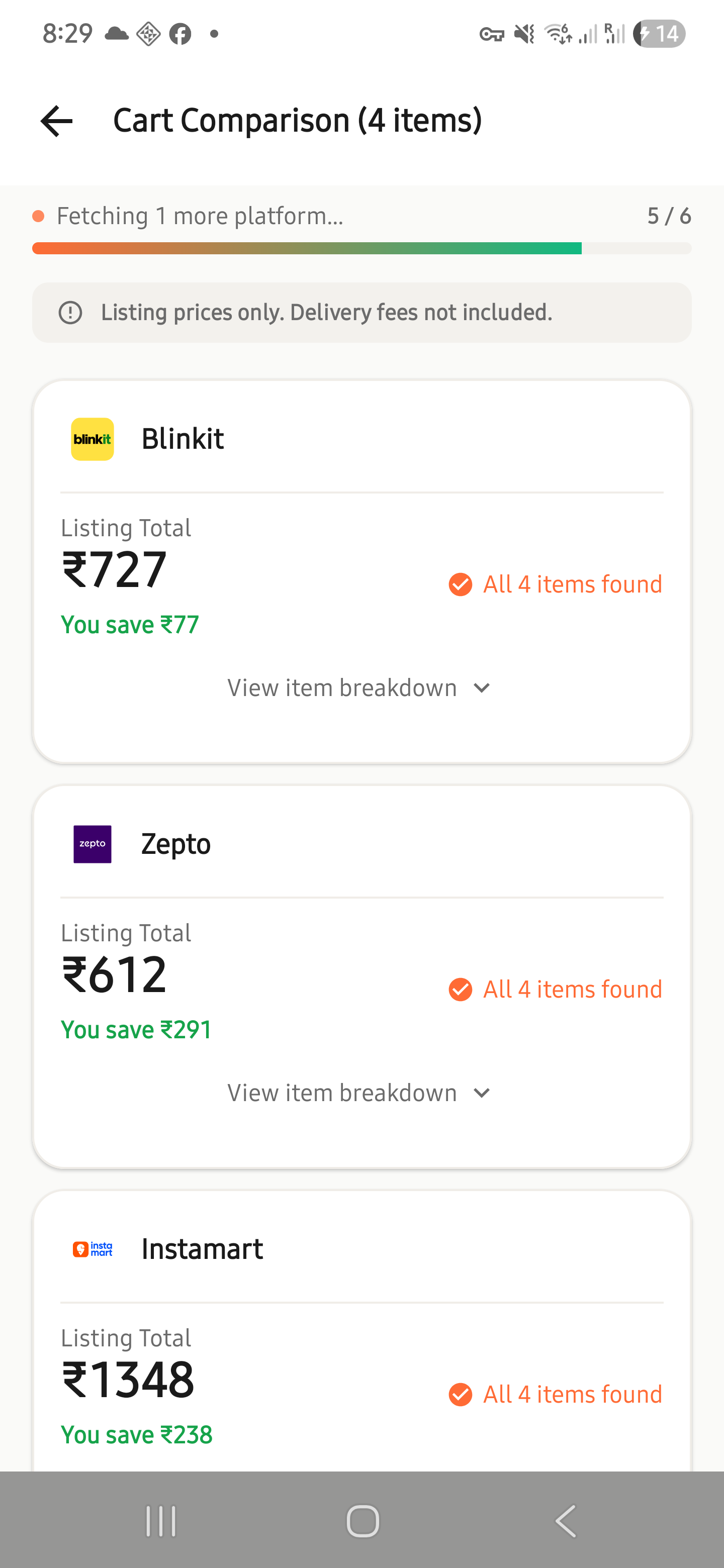 Cart comparison across platforms